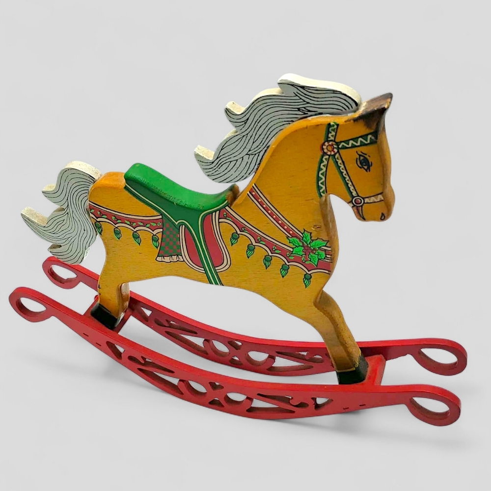 Vtg Christmas Hand Painted Wooden Rocking Horse Toy JAC Holiday Decor Folk Art - Picture 4 of 13
